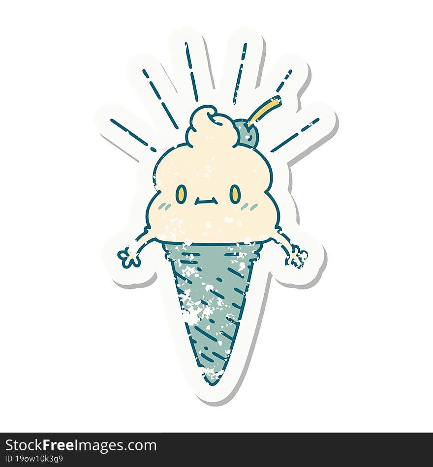 grunge sticker of tattoo style ice cream character