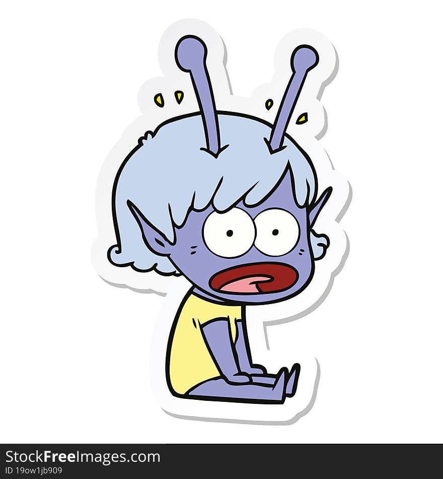 sticker of a cartoon shocked alien girl