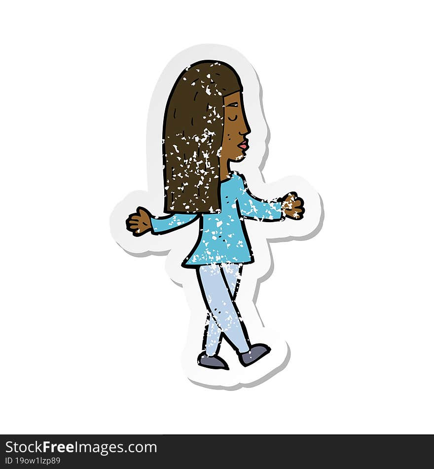 retro distressed sticker of a cartoon woman shrugging shoulders