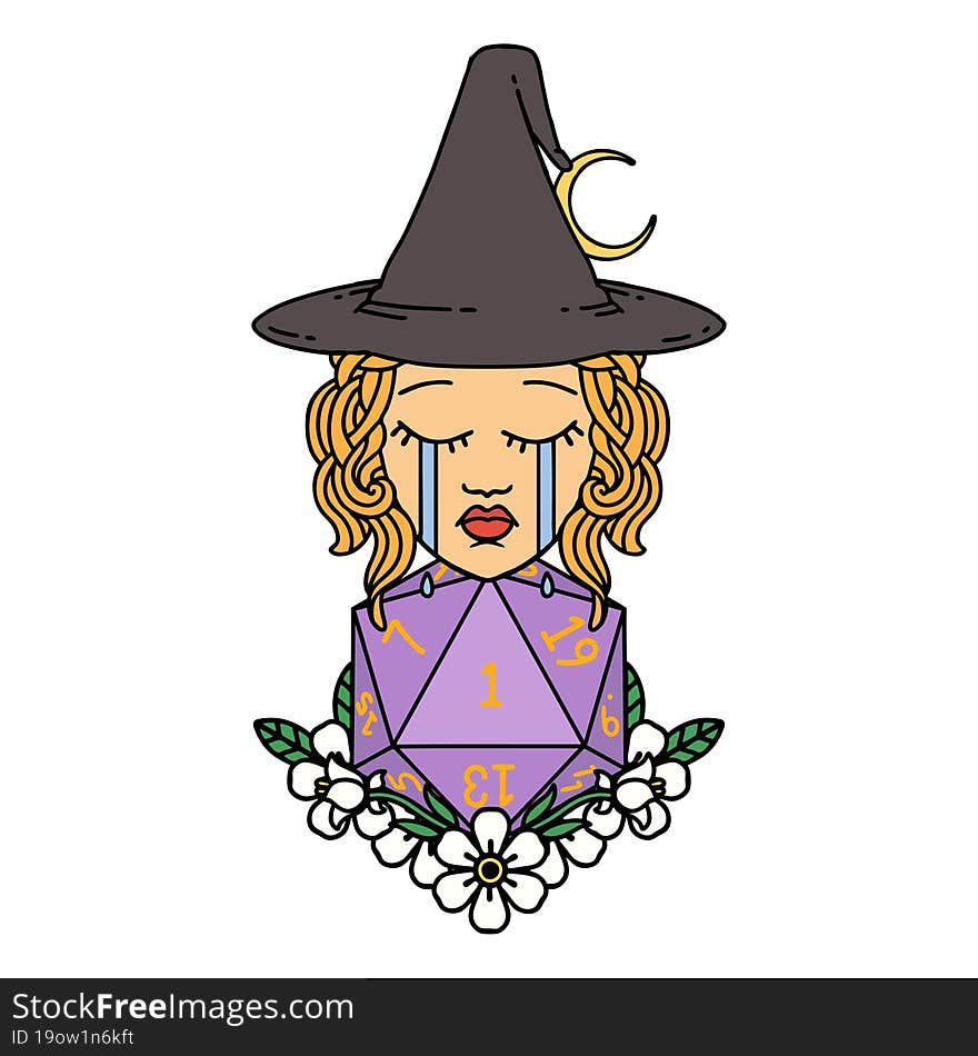 Crying Human Witch With Natural One D20 Dice Roll Illustration