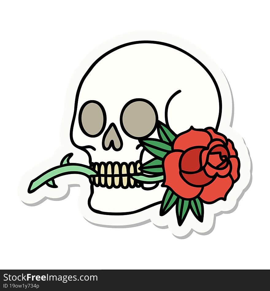 sticker of tattoo in traditional style of a skull and rose. sticker of tattoo in traditional style of a skull and rose