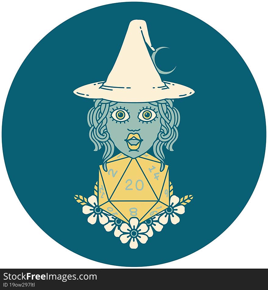 human witch with natural twenty dice roll illustration