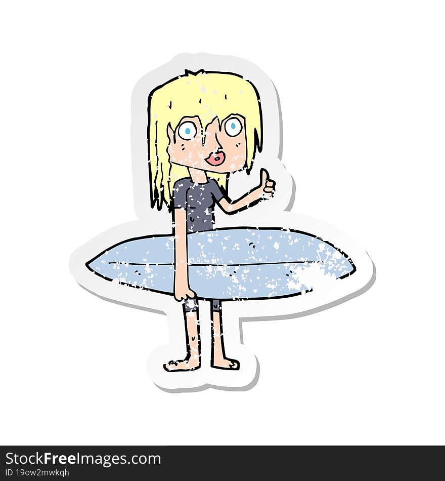 retro distressed sticker of a cartoon surfer girl