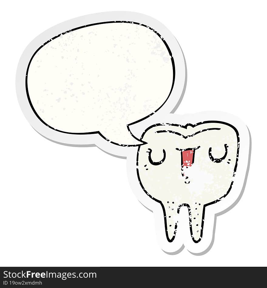 cartoon happy tooth and speech bubble distressed sticker