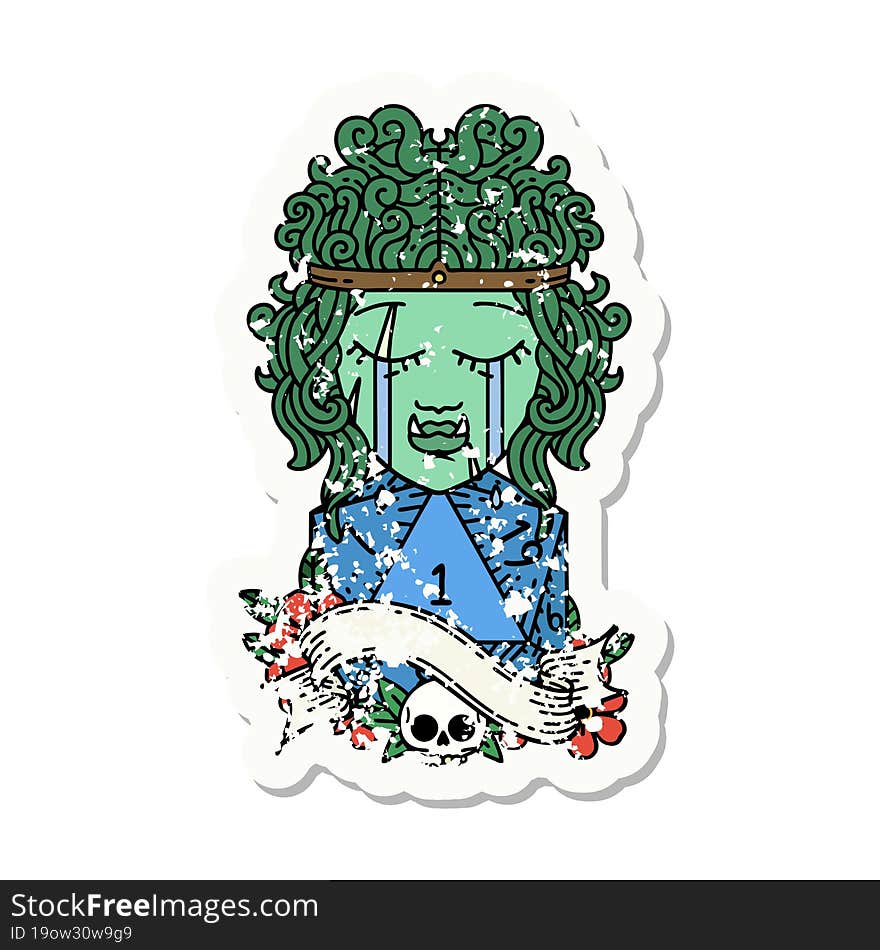 grunge sticker of a crying orc barbarian character face with natural one D20 roll. grunge sticker of a crying orc barbarian character face with natural one D20 roll