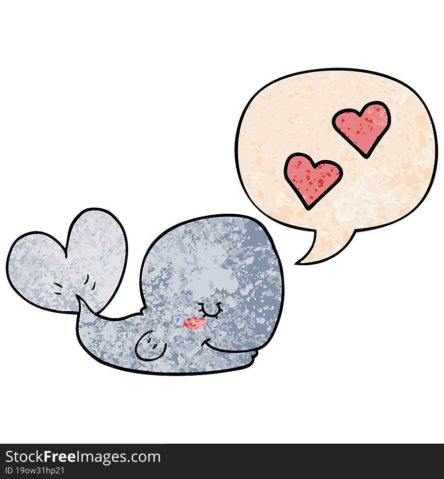 cartoon whale in love and speech bubble in retro texture style