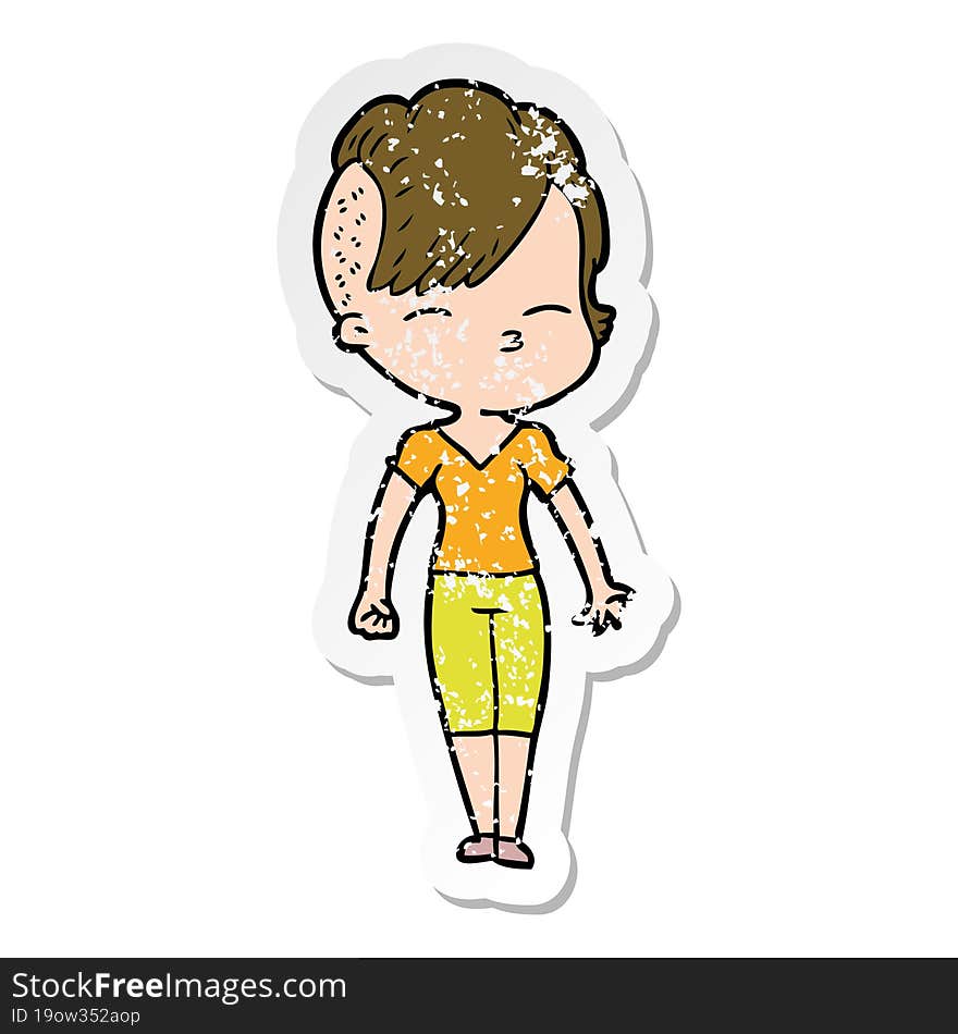 distressed sticker of a cartoon squinting girl