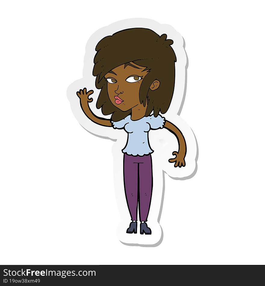 sticker of a cartoon pretty woman waving