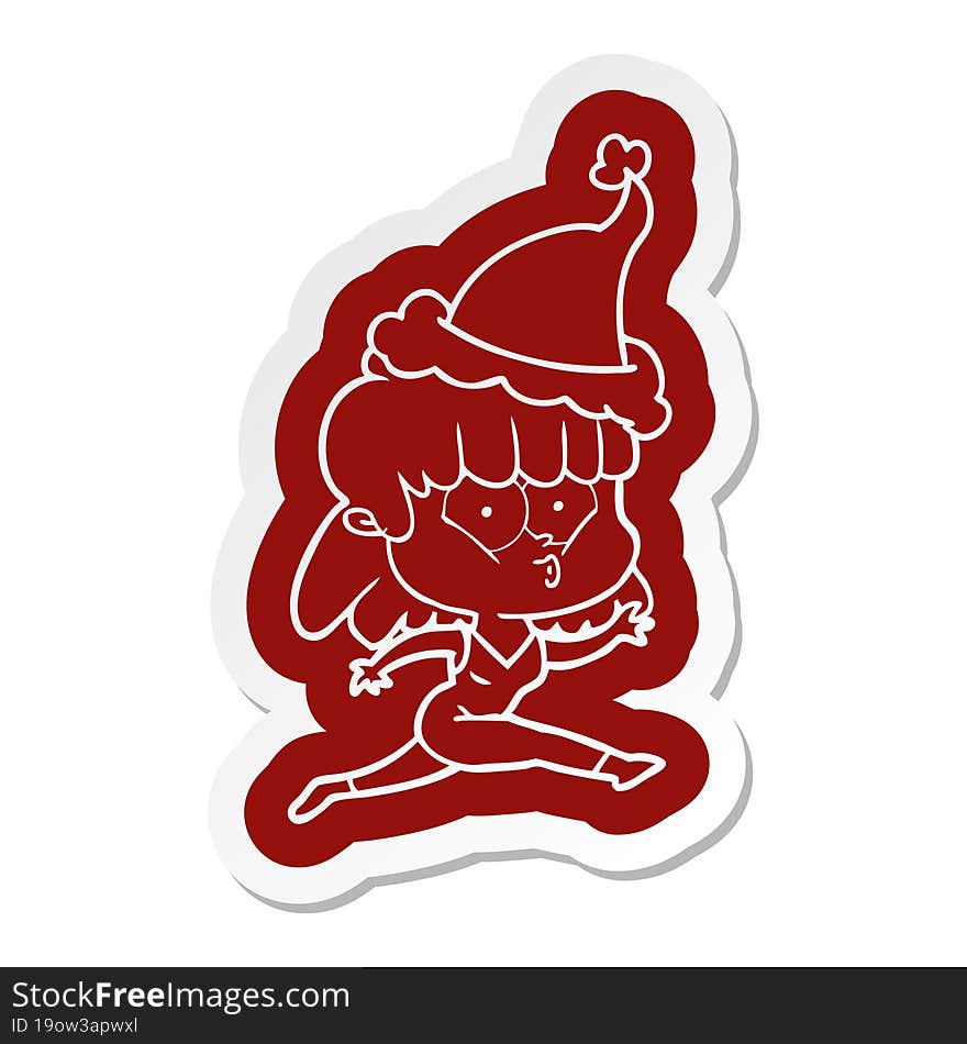 Cartoon  Sticker Of A Woman Running Wearing Santa Hat