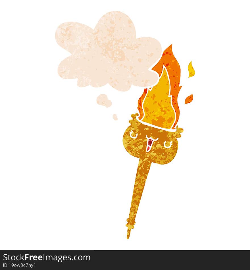 cartoon flaming torch and thought bubble in retro textured style