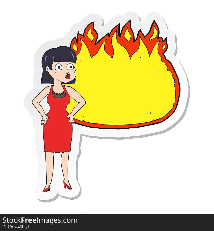 sticker of a cartoon woman in dress with hands on hips and flame banner