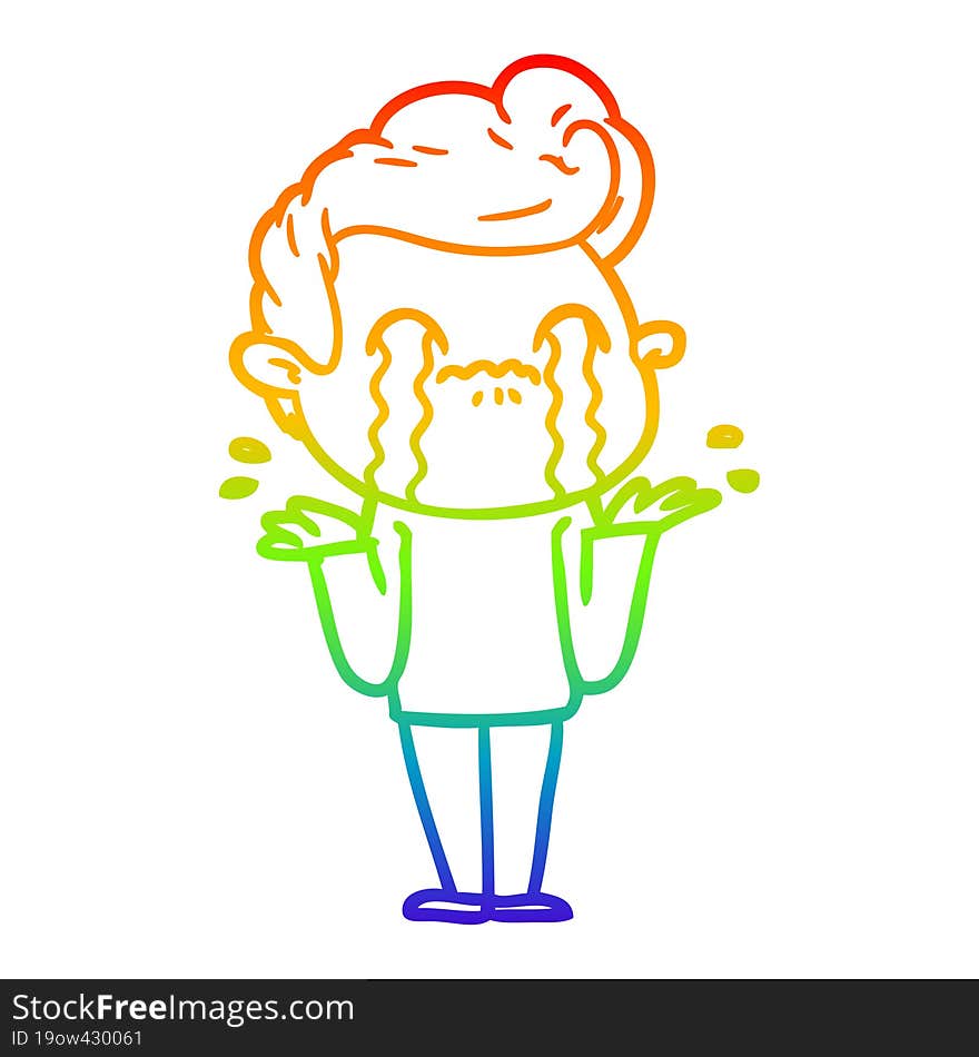 rainbow gradient line drawing of a cartoon man crying