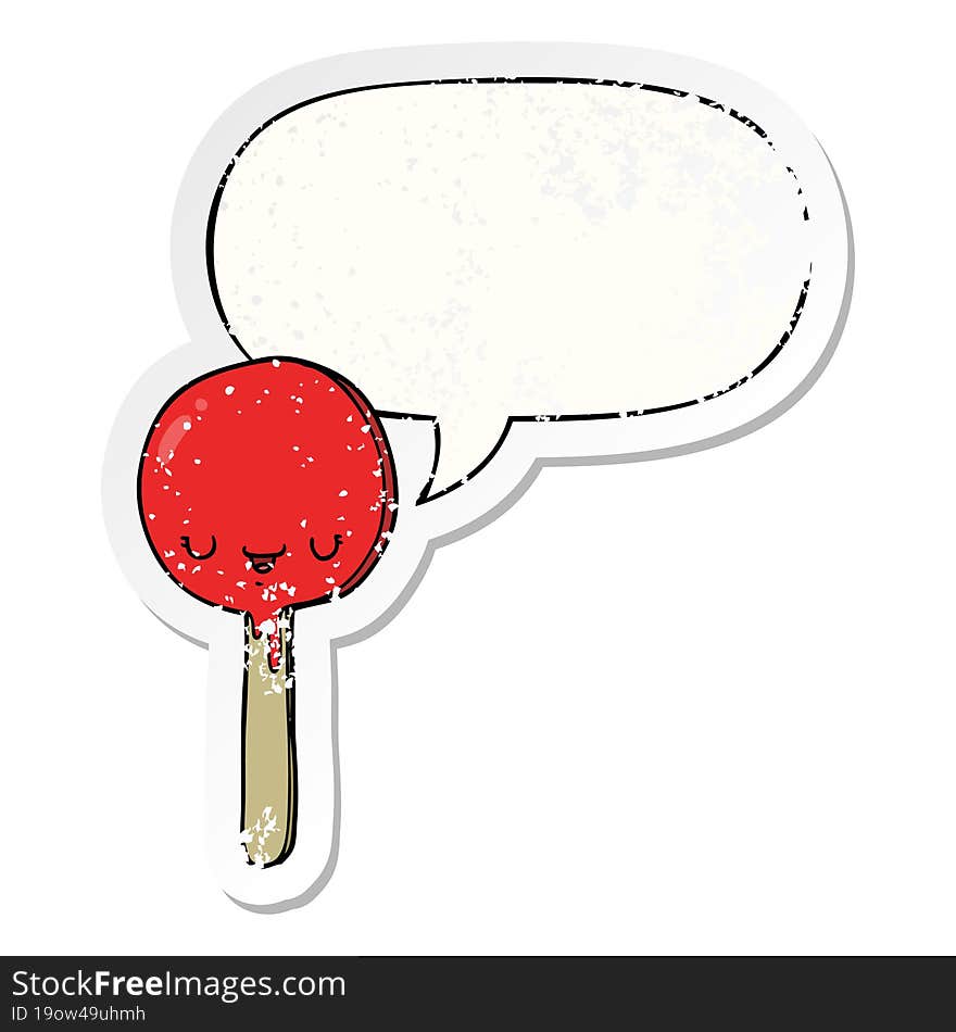 cartoon candy lollipop and speech bubble distressed sticker