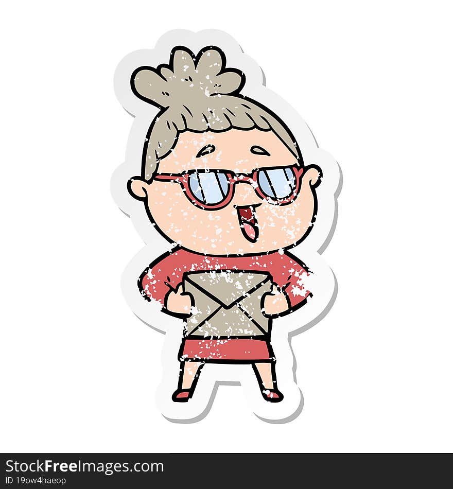 Distressed Sticker Of A Cartoon Happy Woman Wearing Spectacles