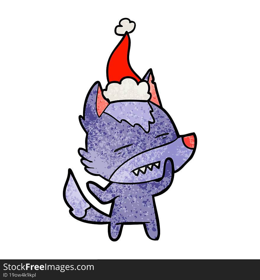 hand drawn textured cartoon of a wolf showing teeth wearing santa hat