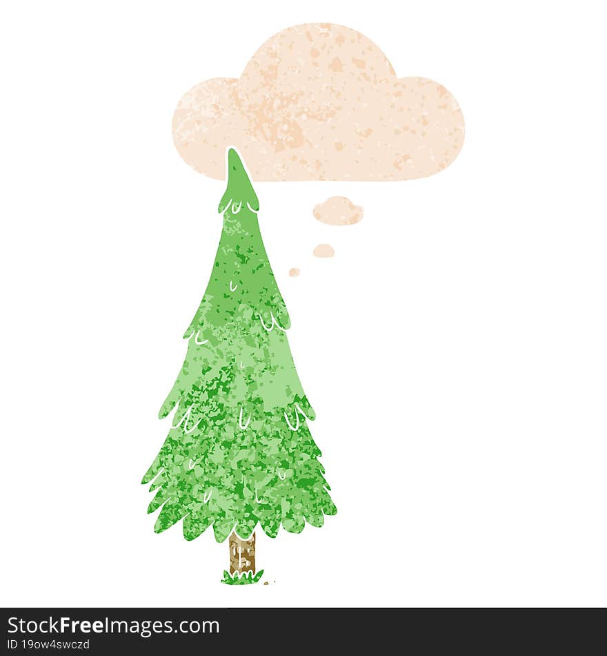 cartoon christmas tree and thought bubble in retro textured style