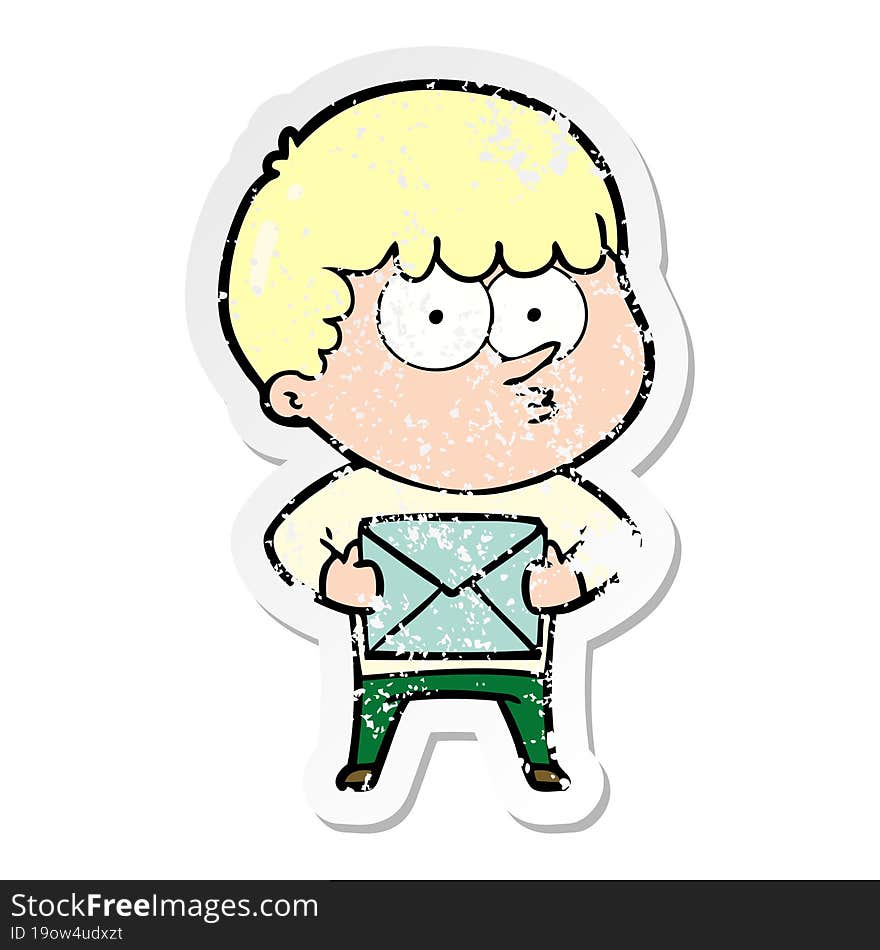 distressed sticker of a cartoon curious boy carrying a gift