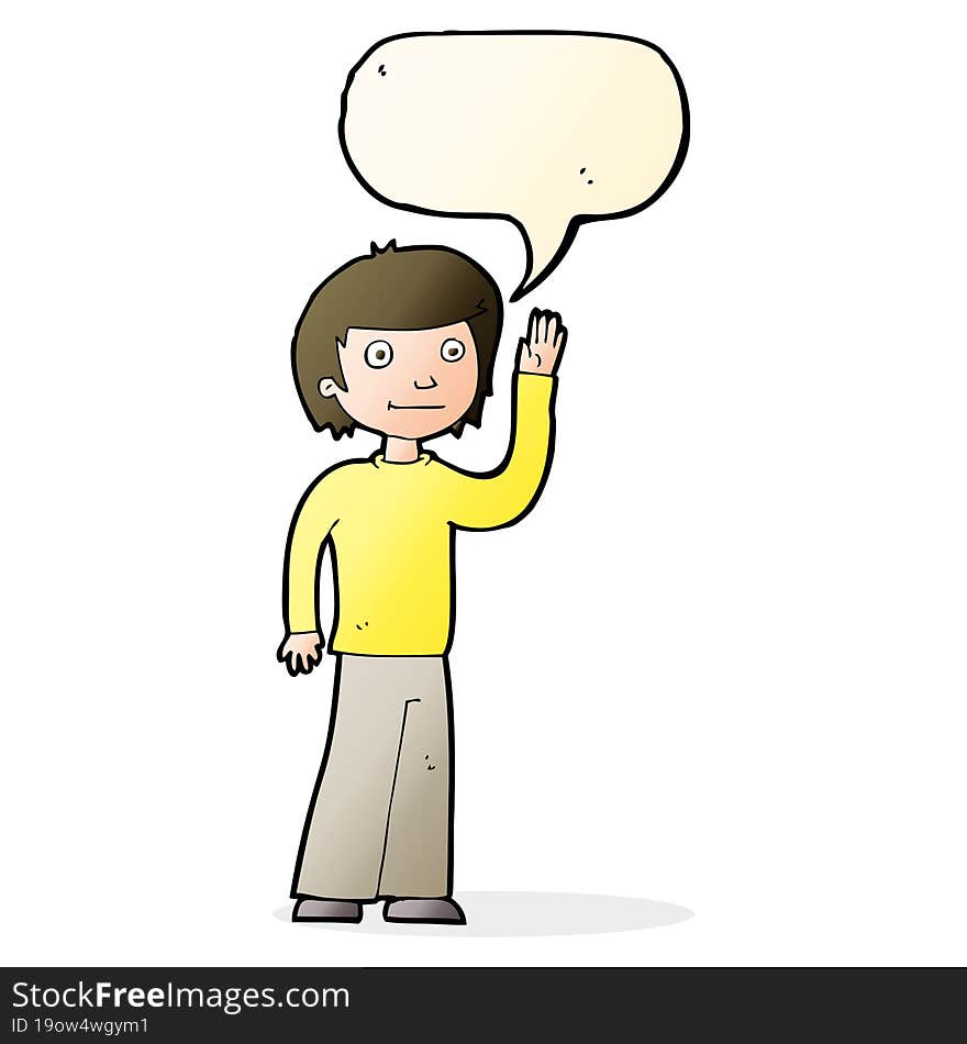 cartoon friendly boy waving with speech bubble