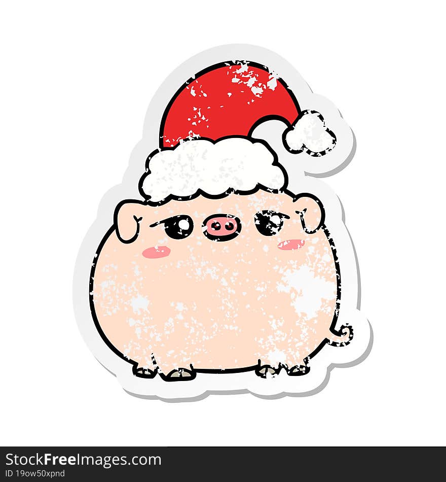 distressed sticker of a cartoon pig wearing christmas hat