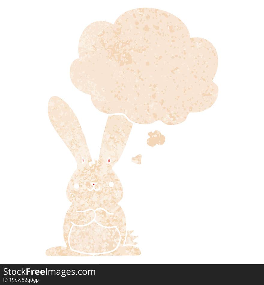 cartoon rabbit with thought bubble in grunge distressed retro textured style. cartoon rabbit with thought bubble in grunge distressed retro textured style