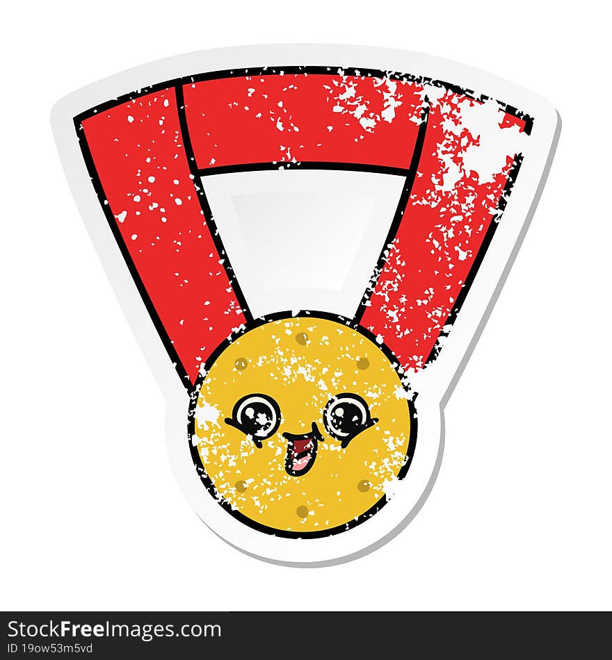 Distressed Sticker Of A Cute Cartoon Gold Medal