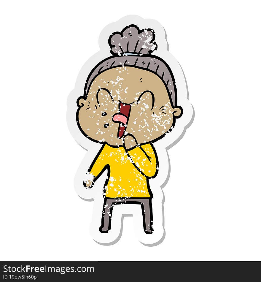 distressed sticker of a cartoon happy old woman