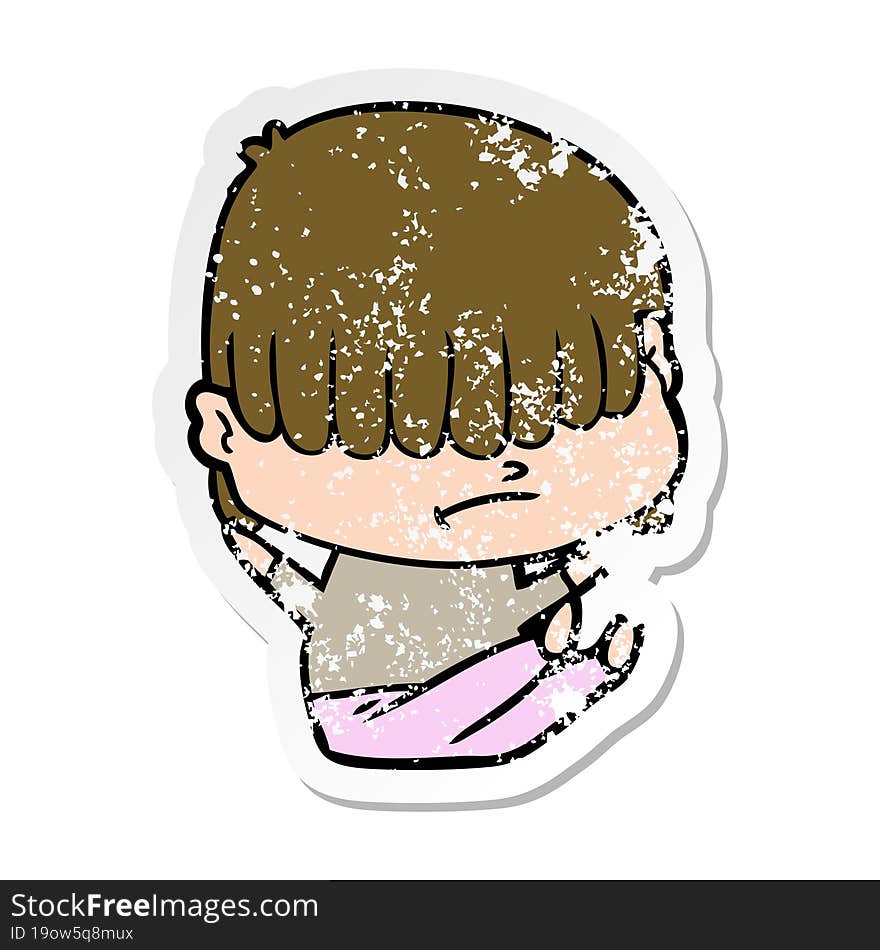 distressed sticker of a cartoon boy with untidy hair