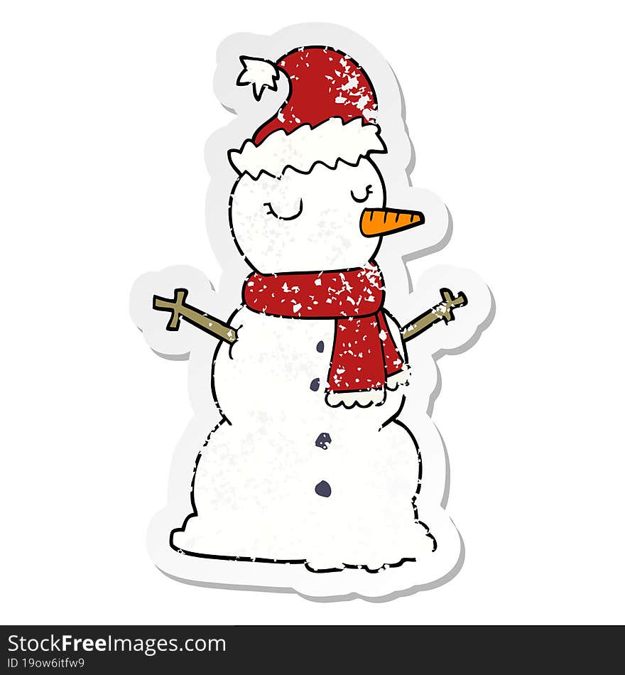 distressed sticker of a cartoon snowman