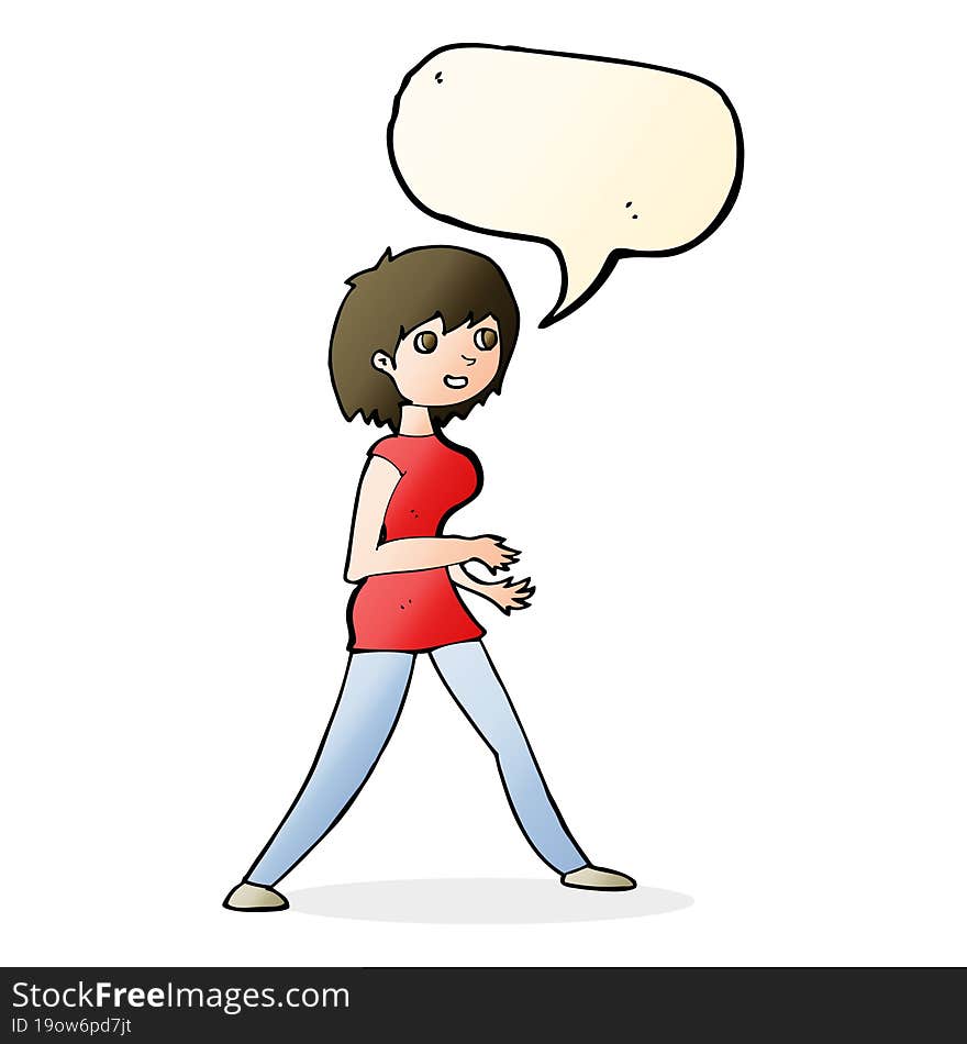 cartoon woman walking with speech bubble