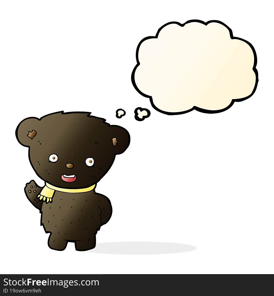 cartoon black bear waving with thought bubble