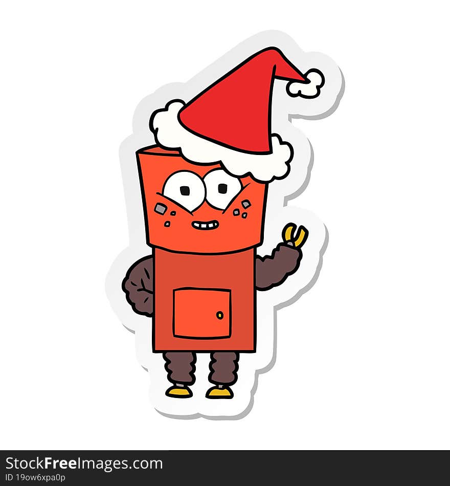 happy hand drawn sticker cartoon of a robot waving hello wearing santa hat. happy hand drawn sticker cartoon of a robot waving hello wearing santa hat