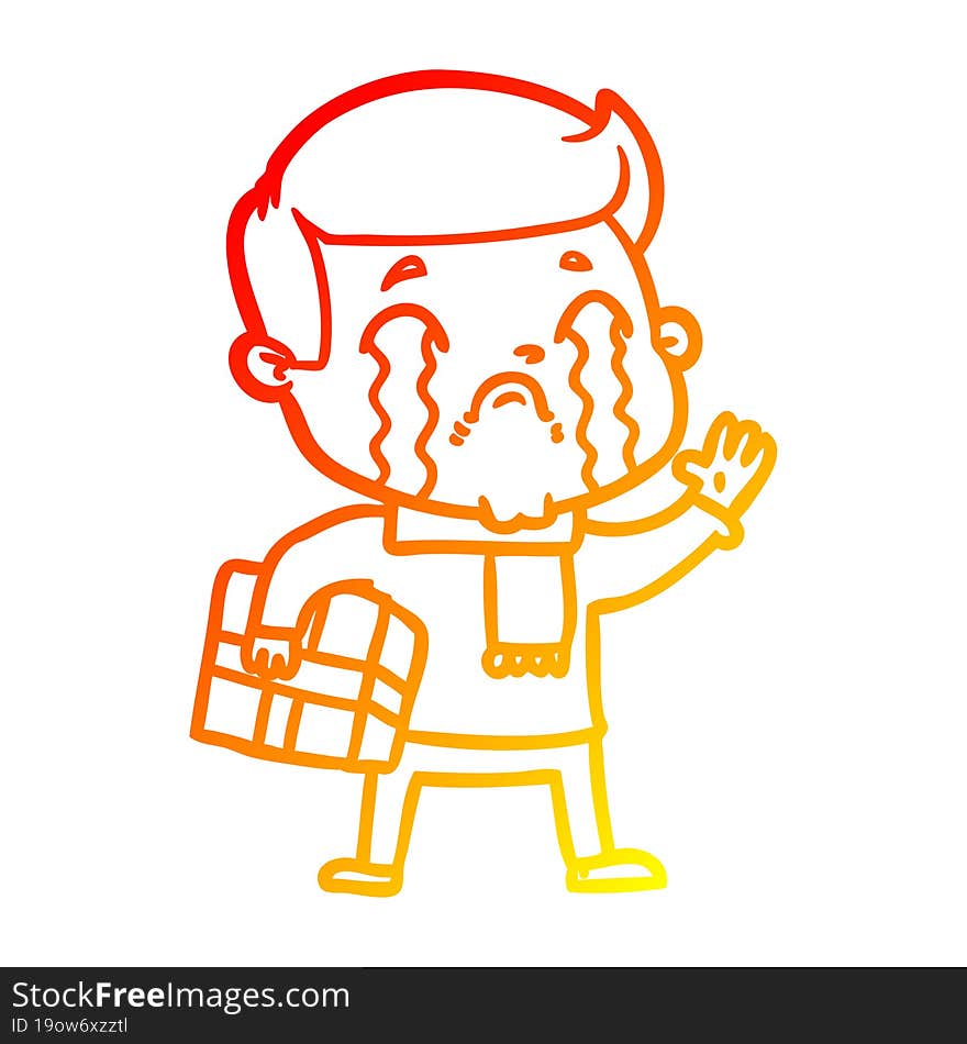 warm gradient line drawing of a cartoon man crying