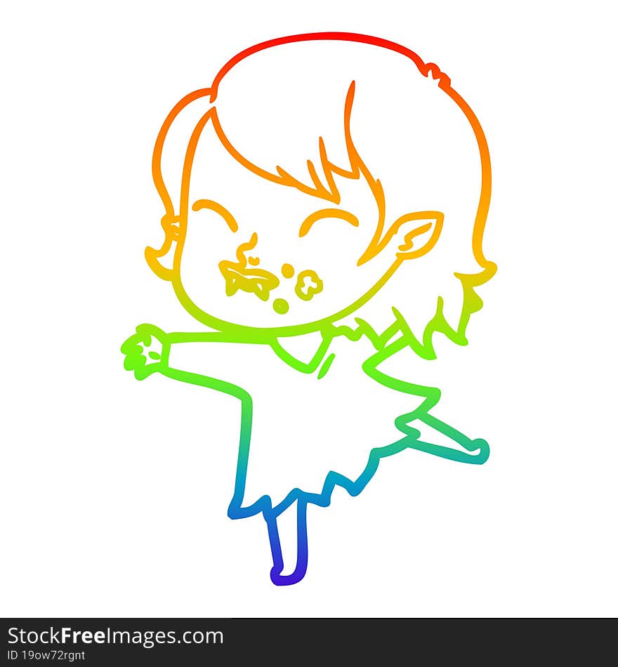 rainbow gradient line drawing cartoon vampire girl with blood on cheek