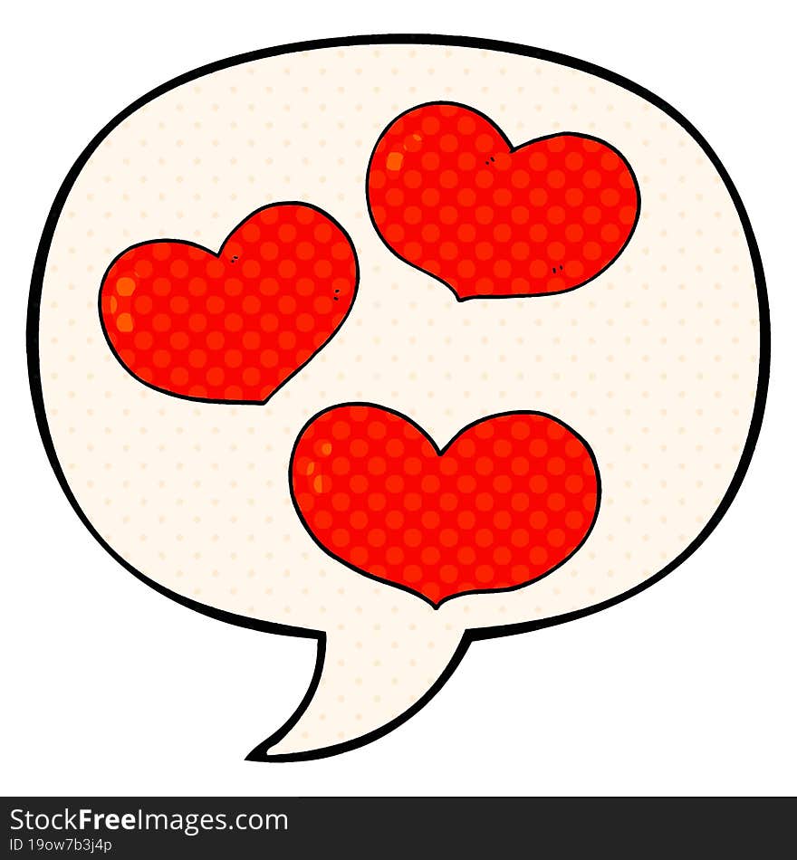 cartoon love hearts with speech bubble in comic book style