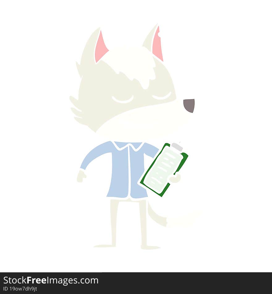 friendly flat color style cartoon wolf with notes