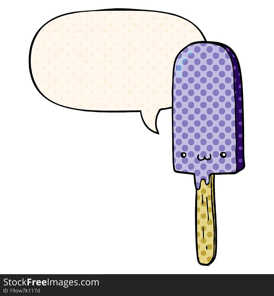 cartoon ice lolly and speech bubble in comic book style