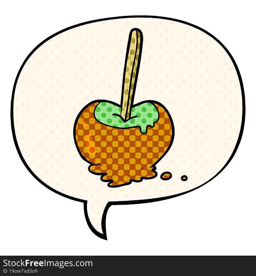 cartoon toffee apple and speech bubble in comic book style