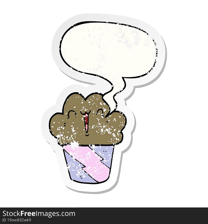 cartoon cupcake and face and speech bubble distressed sticker