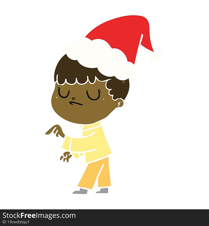 flat color illustration of a grumpy boy wearing santa hat