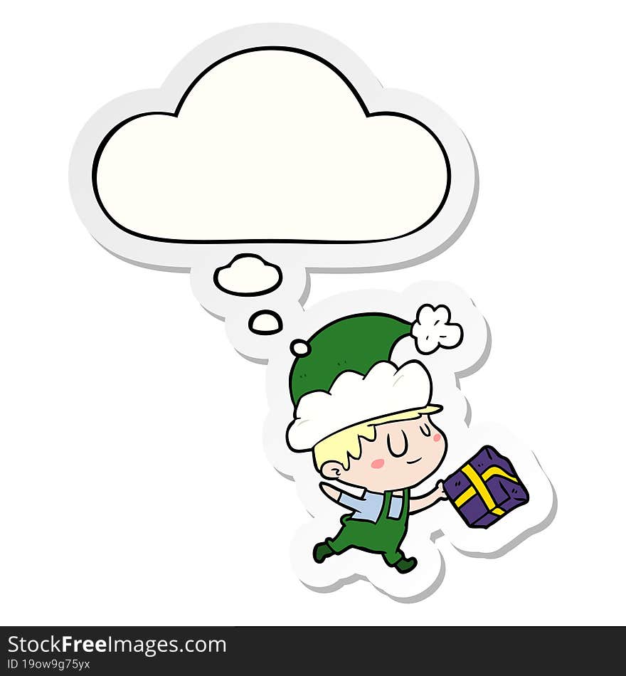 cartoon happy christmas elf and thought bubble as a printed sticker