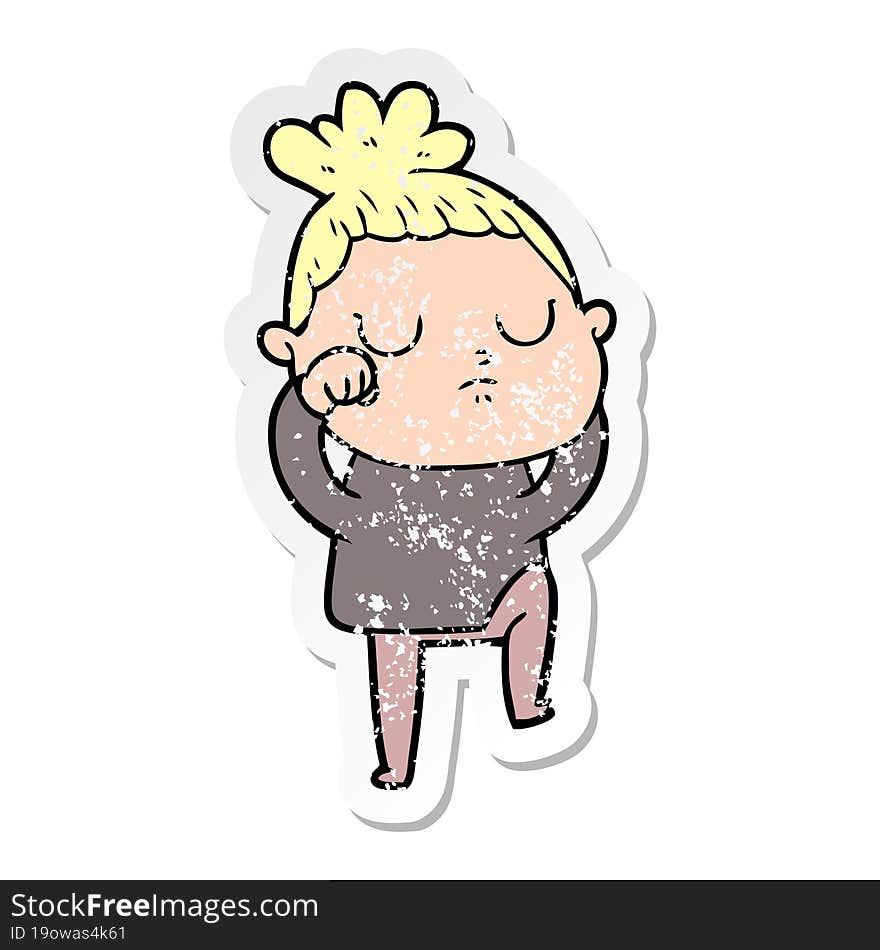 distressed sticker of a cartoon calm woman