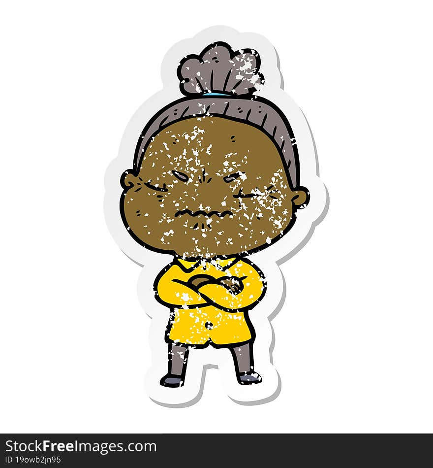 distressed sticker of a cartoon annoyed old lady