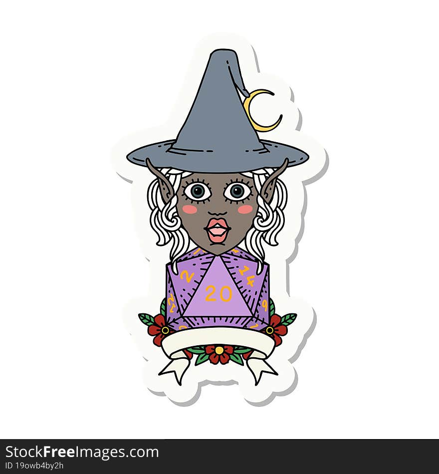 elf mage character with natural twenty dice roll sticker