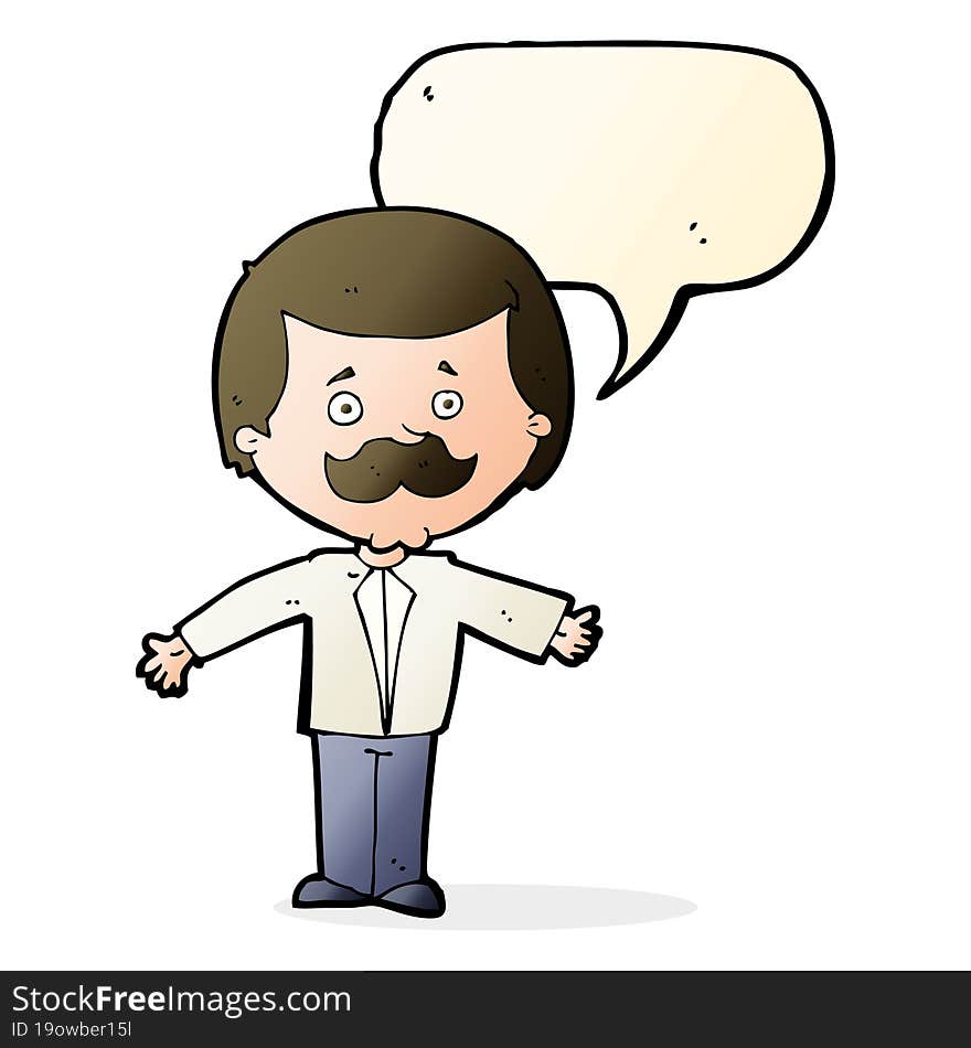 Cartoon Mustache Man With Open Arms With Speech Bubble