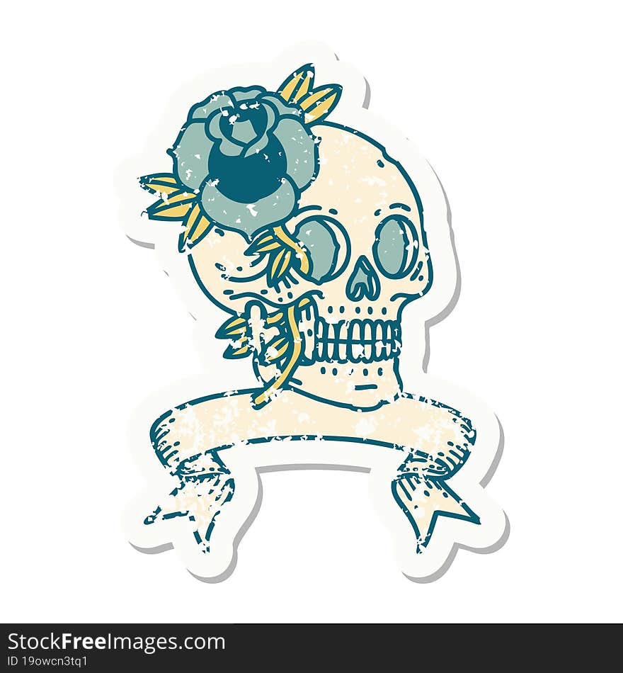 grunge sticker with banner of a skull and rose