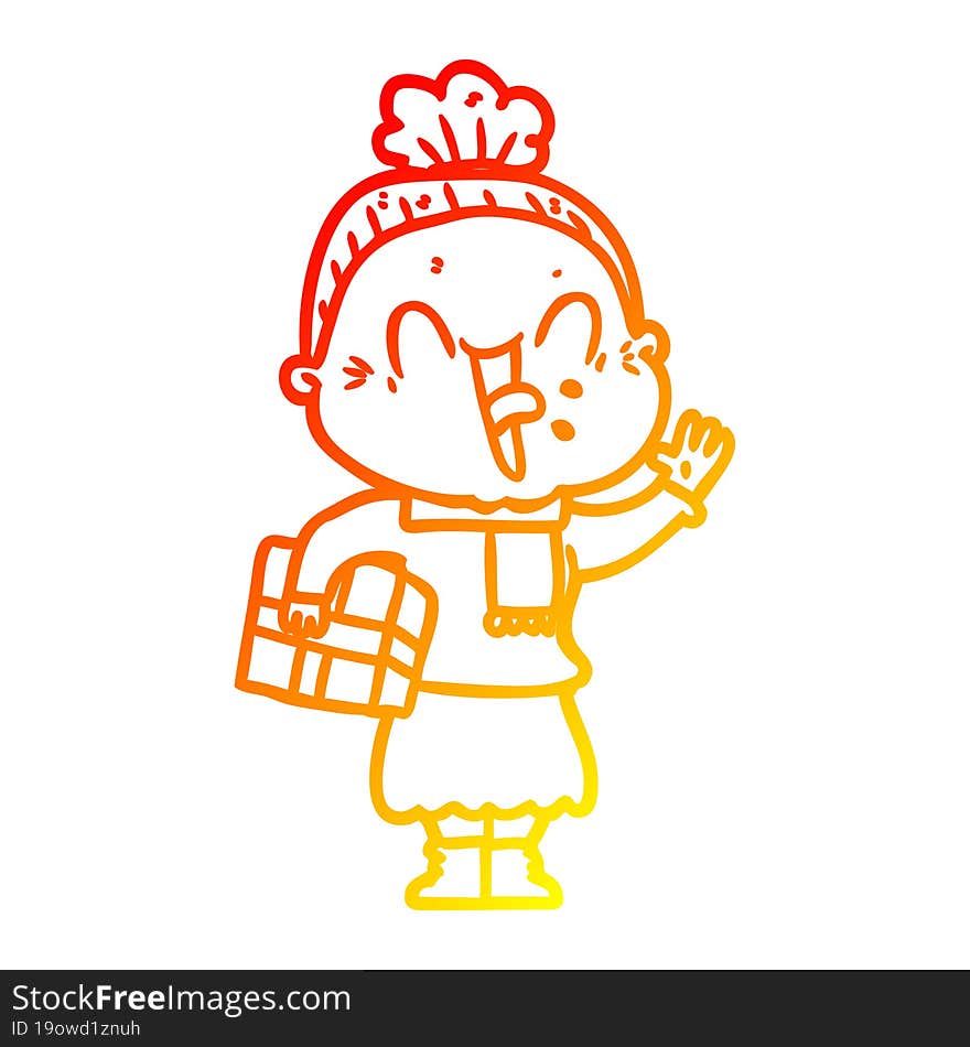 warm gradient line drawing of a cartoon happy old woman