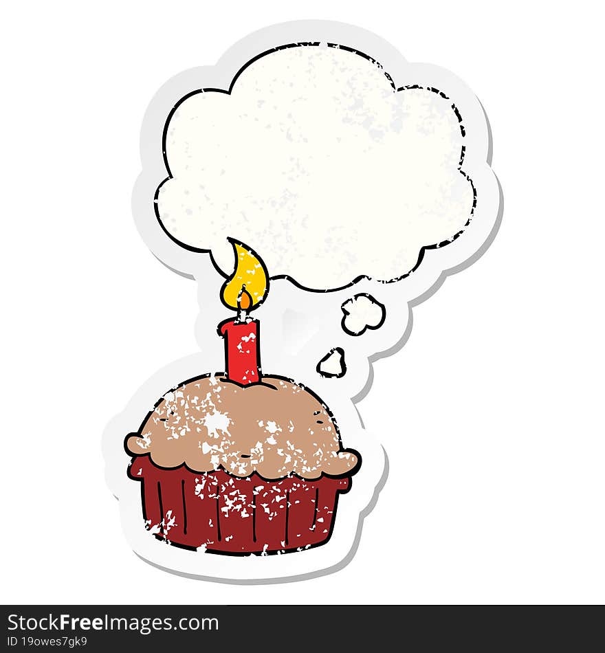 Cartoon Birthday Cupcake And Thought Bubble As A Distressed Worn Sticker