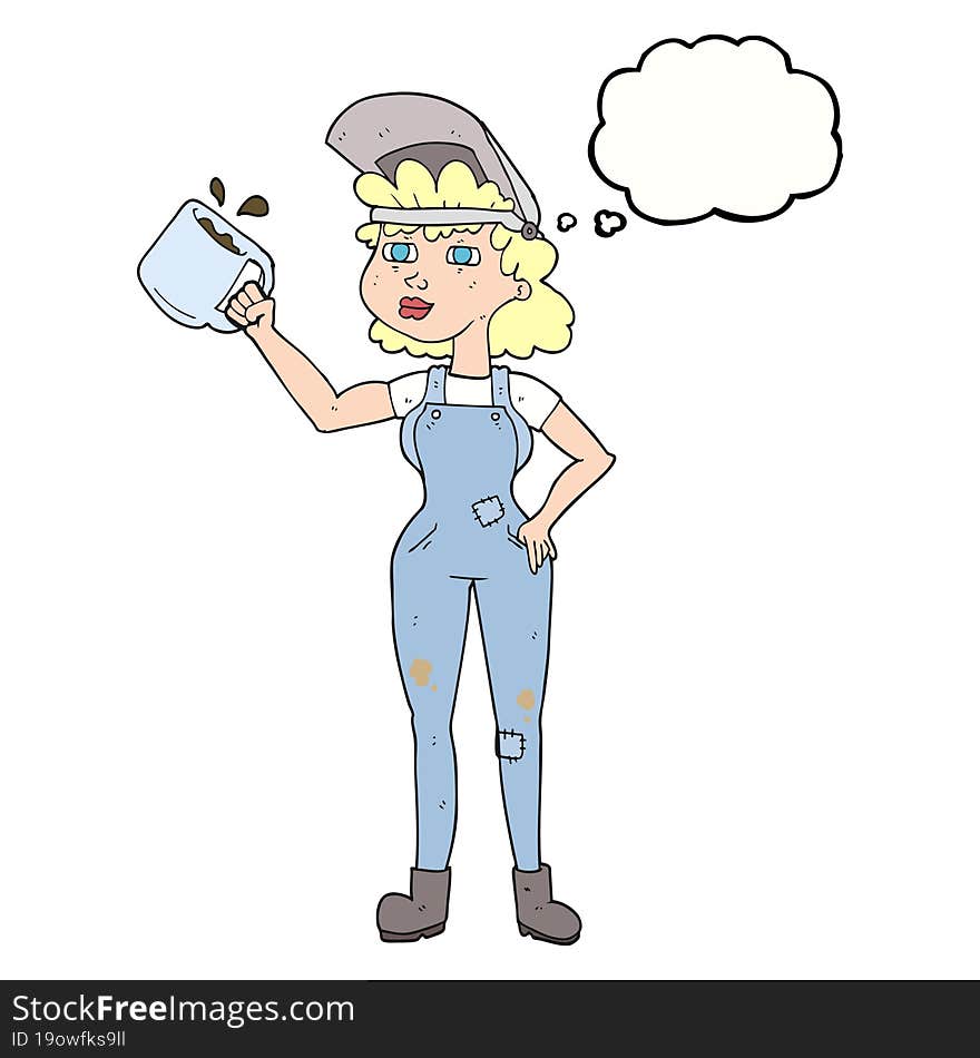 thought bubble cartoon woman in dungarees