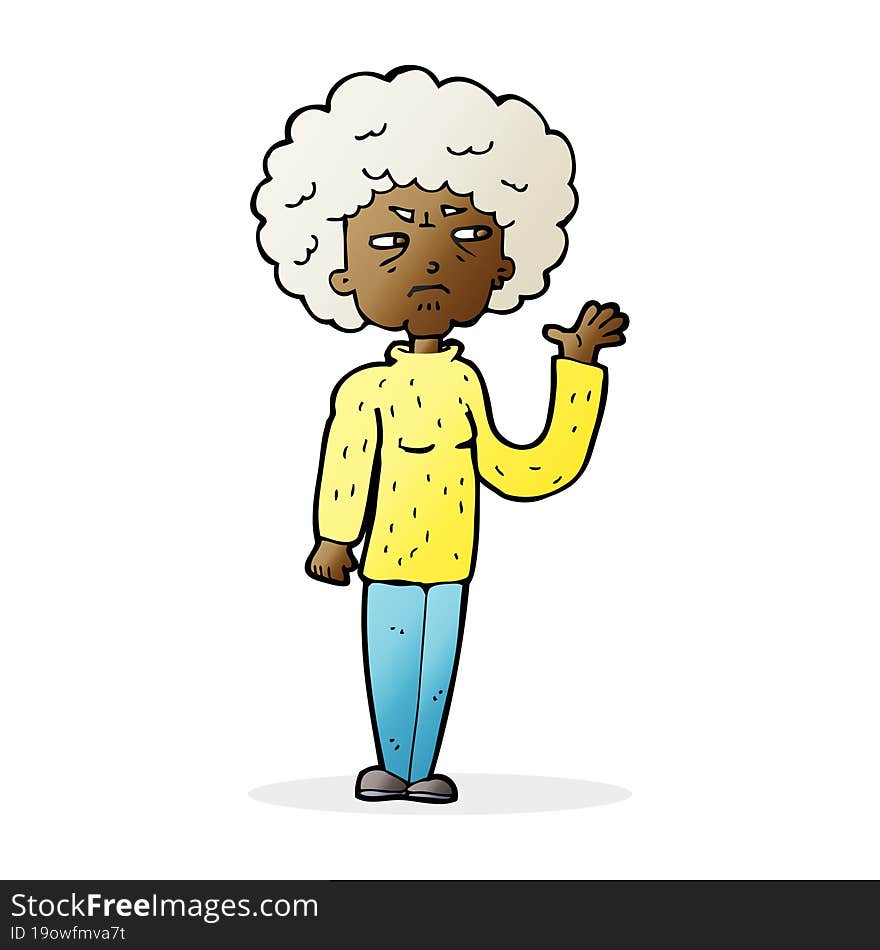 cartoon annoyed old woman waving