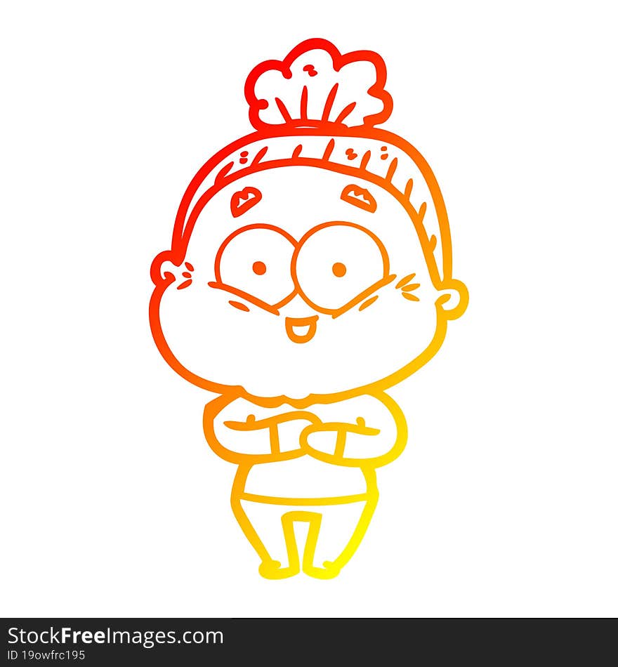 warm gradient line drawing of a cartoon happy old woman